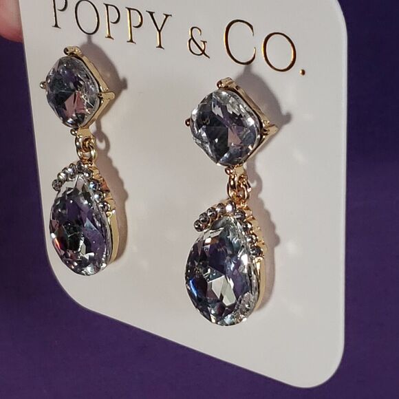 Poppy & Co. Clear Glass Rhinestone Crystal Earrings, Gold Plated, New in bag - Picture 4 of 14